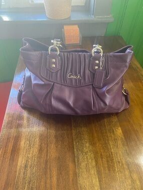 Coach Plum Leather Ruched Shoulder Bag with Gold Hardware